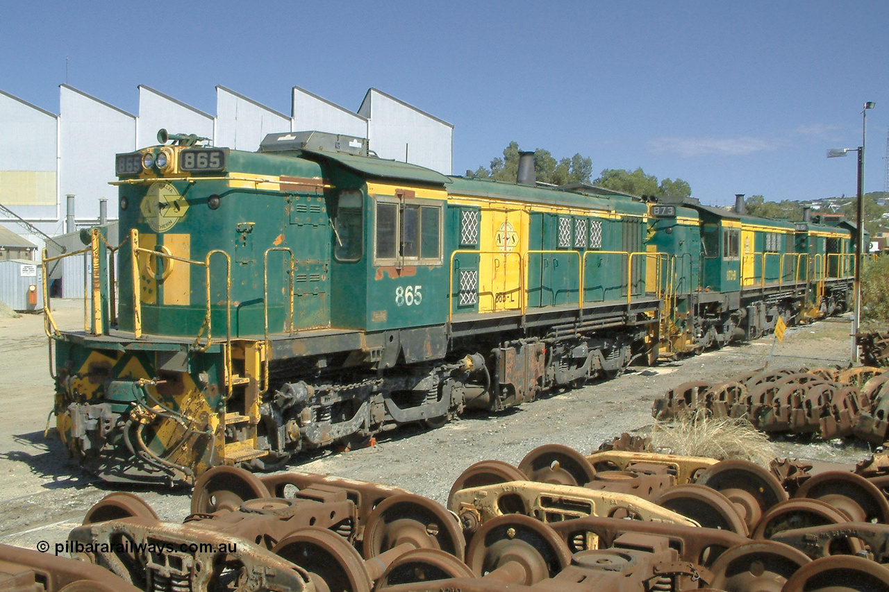 030406 115146
Port Lincoln loco workshops, still in former owner AN livery, Australian Southern 830 class locomotive 865 AE Goodwin ALCo model DL531 serial 84711, roster shot in multi-unit consist with sister unit and a DA class. 6th April 2003.
Keywords: 830-class;865;84711;AE-Goodwin;ALCo;DL531;