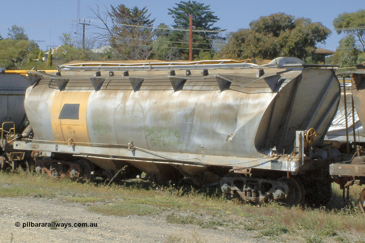 030406 115522
Port Lincoln, derailment damaged SAR Islington Workshops built HAN type bogie wheat waggon HAN 20, stored at the workshops yards. 6th April 2003.
Keywords: HAN-type;HAN20;1969-73/68-20;SAR-Islington-WS;