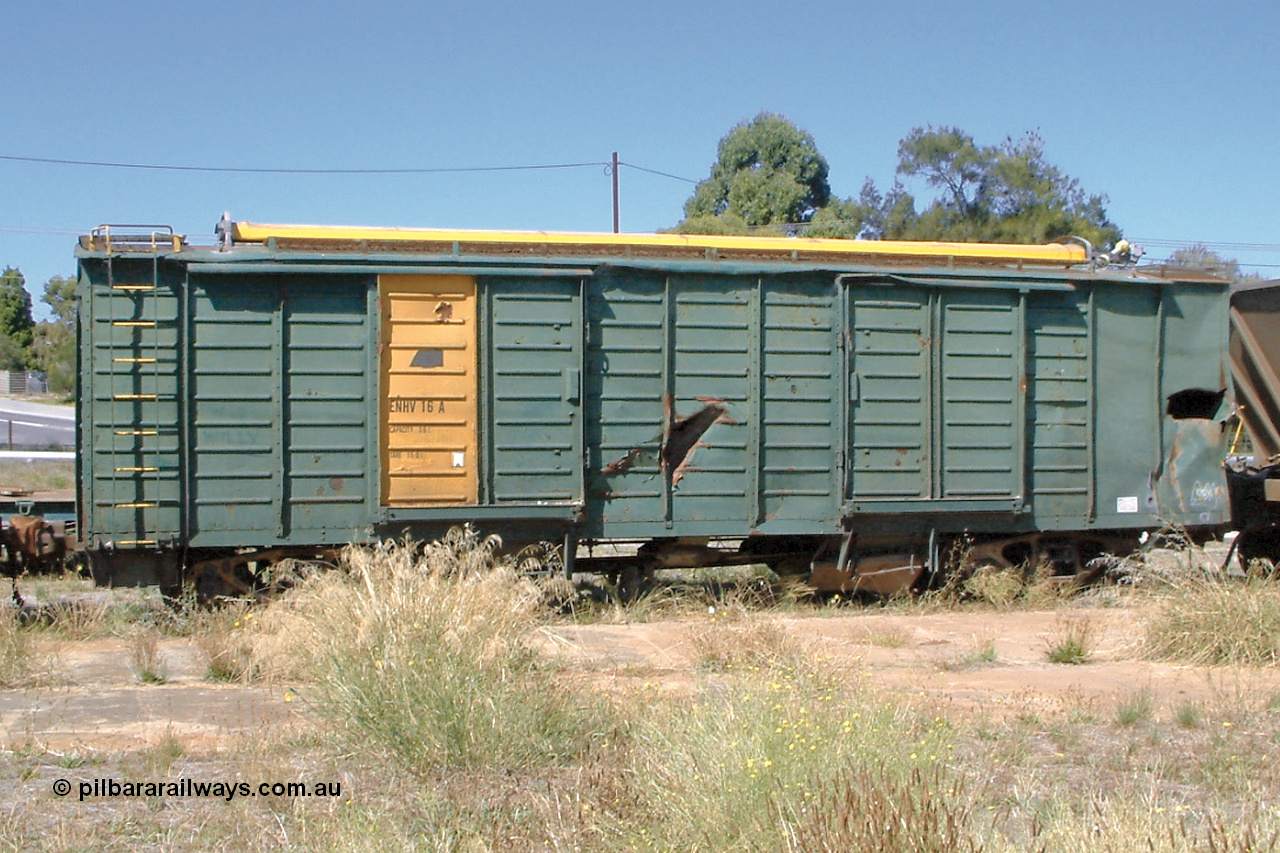 030406 115822
Port Lincoln, ENHA type bogie grain hopper waggon ENHV 16 is internally modified to a hopper waggon from Commonwealth Railways box van NVD 1274 in April 1987. 6th April 2003.
Keywords: ENHV-type;ENHV16;Societe-Gregg-de-Europ;NVD-type;ENBA-type;