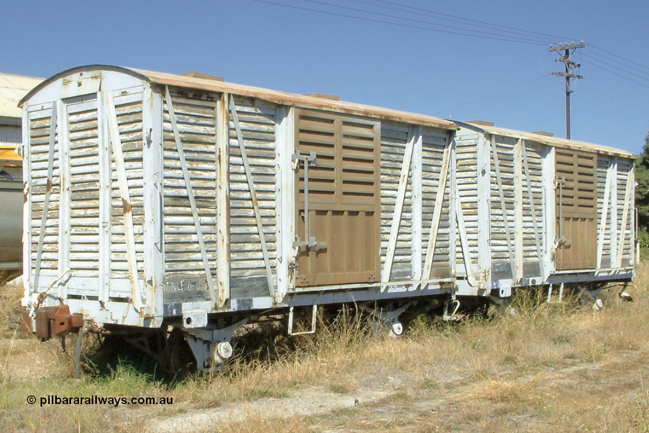 030406 115842
Port Lincoln, originally VFN type 10 ton four wheel louvre vans now recoded to ENLF type ENLF 6 and ENLF 5 are the last two of the original fleet of eight, built with new bodies on ex SFN type sheep van chassis. 6th April 2003.
Keywords: ENLF-type;ENLF6;ENLF5;SAR-Islington-WS;VFN-type;SFN-type;fixed-wheel-waggon;