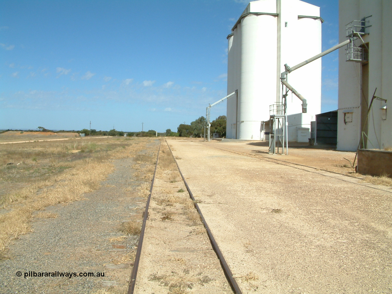 030406 142314
Kapinnie, yard overview looking east towards Yeelanna, concrete silo complexes and outflow spouts on the right. 6th April 2003.
