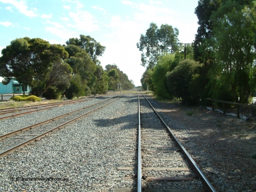 030406 094216
Cummins, yard view looking north along the Buckleboo line with the Thevenard line second from the right with Hall St grade crossing visible in the distance and the loading ramp siding converging at the far left of the image. April 6, 2003.
