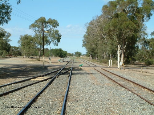 030406 100006
Cummins, yard view looking south across Railway Tce grade crossing, Buckleboo line - siding converging on the left, with the grain siding on the right, the points, indicator and lever south of the grade crossing is to the grain bunker loading - unloading site which is behind the trees to the left. April 6, 2003.
