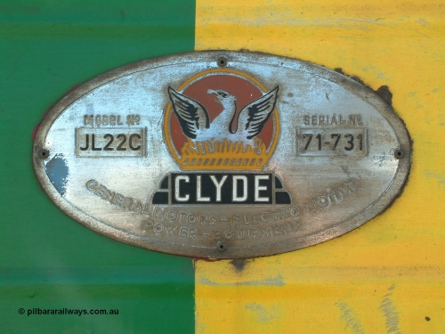 030406 114230
Port Lincoln loco workshops, builders plate for NJ class NJ 4 Clyde Engineering EMD model JL22C serial 71-731. April 6, 2003.
Keywords: NJ-class;NJ4;Clyde-Engineering-Granville-NSW;EMD;JL22C;71-731;