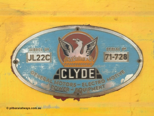 030406 114316
Port Lincoln loco workshops, builders plate for NJ class leader NJ 1 'Ben Chifley' Clyde Engineering EMD model JL22C serial 71-728. April 6, 2003.
Keywords: NJ-class;NJ1;Clyde-Engineering-Granville-NSW;EMD;JL22C;71-728;