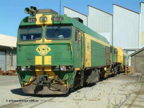 030406 114342
Port Lincoln loco workshops, still wearing the former owner's AN livery, Australian Southern locomotive and NJ class leader NJ 1 'Ben Chifley' Clyde Engineering EMD model JL22C serial 71-728, in multiple unit consist, roster shot. April 6, 2003.
Keywords: NJ-class;NJ1;Clyde-Engineering-Granville-NSW;EMD;JL22C;71-728;