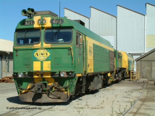 030406 114350
Port Lincoln loco workshops, still wearing the former owner's AN livery, Australian Southern locomotive and NJ class leader NJ 1 'Ben Chifley' Clyde Engineering EMD model JL22C serial 71-728, in multiple unit consist, roster shot. April 6, 2003.
Keywords: NJ-class;NJ1;Clyde-Engineering-Granville-NSW;EMD;JL22C;71-728;