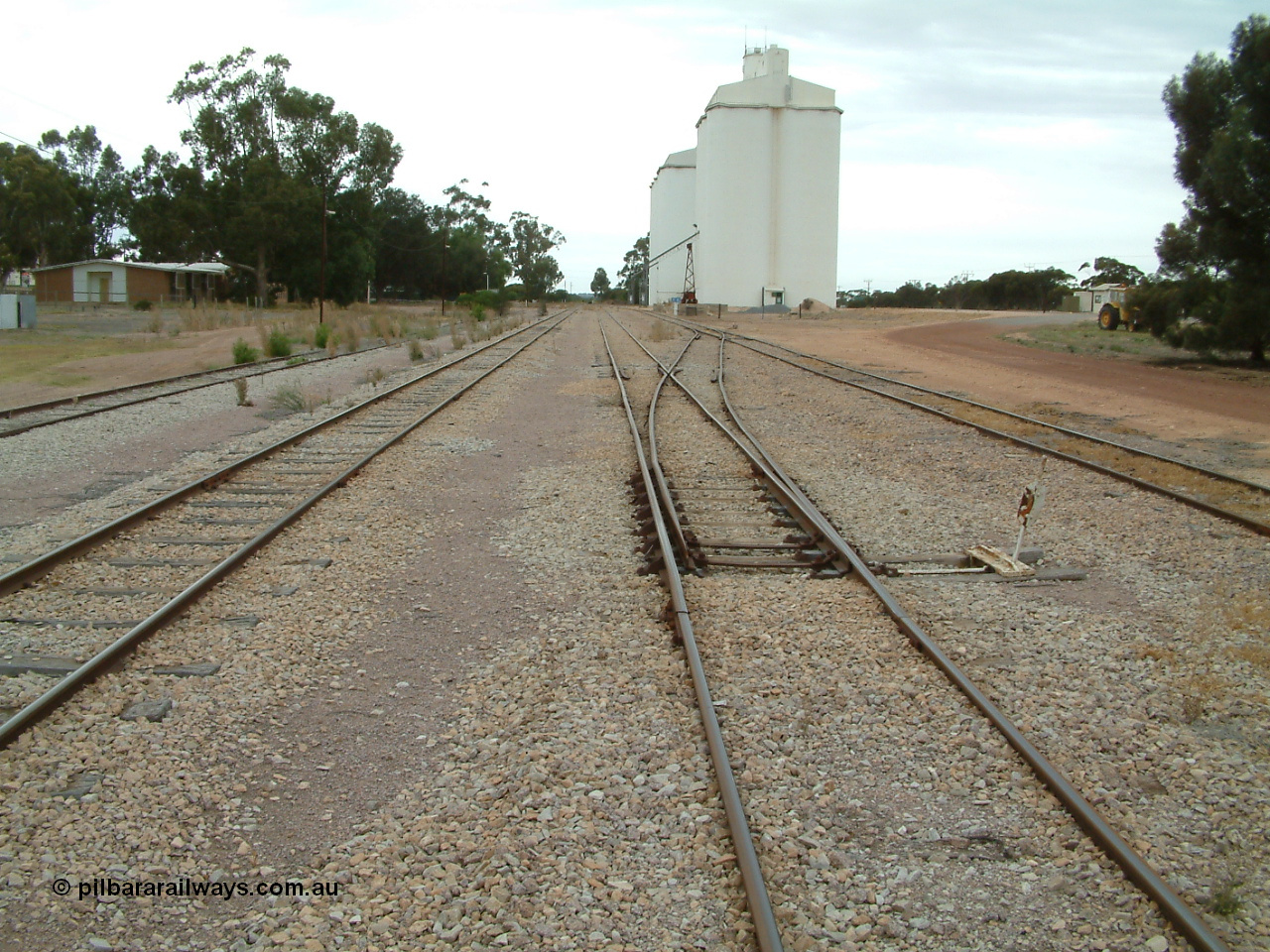 030407 094734
Minnipa, yard overview looking south, tracks from the left, No. 1 Goods Siding, Mainline, No.2 Goods Siding and No. 3 Goods Siding. Crew barracks visible on the left, rotating jib crane visible in front of concrete silo complexes. 7th April 2003.
