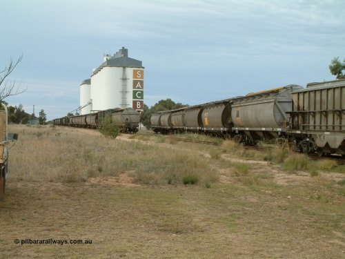 030407 082709
Wudinna, view looking south as the empty rake of bogie grain waggons is shunted into the siding for loading, showing HAN and HCN types of bogie grain hoppers. Concrete SACBH grain complex, horizontal grain bunker can be made out on the left. April 7, 2003.
Keywords: HAN-type;HCN-type;SAR-Islington-WS;Tulloch-Ltd-NSW;