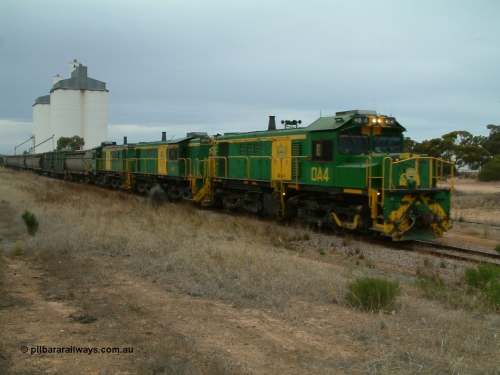 030407 092829
Yaninee, empty grain train behind a trio of former Australian National Co-Co locomotives with rebuilt former AE Goodwin ALCo model DL531 830 class ex 839, serial no. 83730, rebuilt by Port Augusta Workshops to DA class, leading two AE Goodwin ALCo model DL531 830 class units 842, serial no. 84140 and 851 serial no. 84137, 851 having been on the Eyre Peninsula since delivered in 1962, run through express on the mainline. April 7, 2003.
Keywords: DA-class;DA4;83730;Port-Augusta-WS;ALCo;DL531G/1;830-class;839;rebuild;
