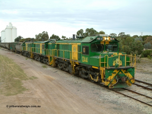030407 100445
Minnipa, north bound empty grain train arrives behind a trio of former Australian National Co-Co locomotives with rebuilt former AE Goodwin ALCo model DL531 830 class ex 839, serial no. 83730, rebuilt by Port Augusta Workshops to DA class, leading two AE Goodwin ALCo model DL531 830 class units 842, serial no. 84140 and 851 serial no. 84137, 851 having been on the Eyre Peninsula since delivered in 1962, to shunt off empty waggons into the grain siding. April 7, 2003.
Keywords: DA-class;DA4;83730;Port-Augusta-WS;ALCo;DL531G/1;830-class;839;rebuild;