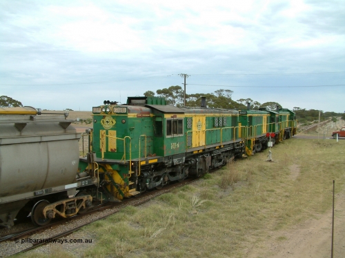 030407 100834
Minnipa, empty grain train shunts back into the grain siding with a trio of former Australian National Co-Co locomotives with rebuilt former AE Goodwin ALCo model DL531 830 class ex 839, serial no. 83730, rebuilt by Port Augusta Workshops to DA class, leading two AE Goodwin ALCo model DL531 830 class units 842, serial no. 84140 and 851 serial no. 84137, 851 having been on the Eyre Peninsula since delivered in 1962. April 7, 2003.
Keywords: 830-class;851;AE-Goodwin;ALCo;DL531;84137;