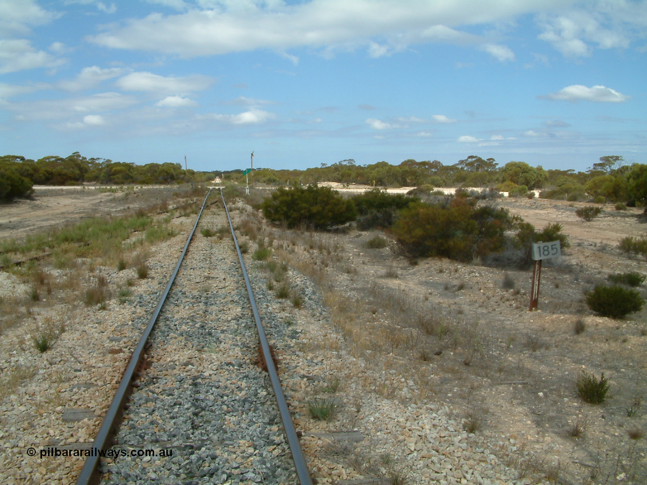 030409 123253
Kielpa, looking south along the mainline at the 185 km post, grain siding coming in from the left.
