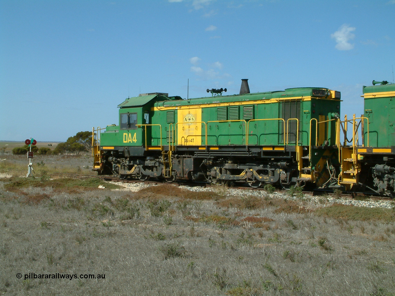 030409 140747
Wharminda, former Australian National DA class locomotive DA 4 is a rebuilt former AE Goodwin ALCo model DL531 830 class ex 839, serial 83730, it was rebuilt by Port Augusta Workshops to DA class.
Keywords: DA-class;DA4;83730;Port-Augusta-WS;ALCo;DL531G/1;830-class;839;rebuild;