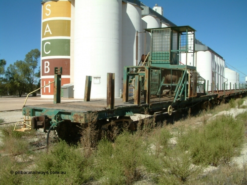 030411 110216
Kimba, rail recovery winch waggon EZWL 2, built using underframe of broad gauge horse box BH 4331. To Eyre Peninsula 1992, recoded then from AZWL. Scrapped in 2005.
Keywords: EZWL-type;EZWL2;SAR-Islington-WS;BH-type;BH4331;