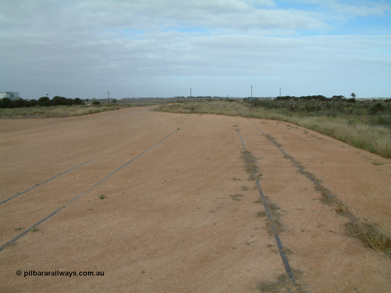 030414 154037
Penong, view looking east beside concrete silo block 2, grain loop on the left with mainline in centre of image and good loop in the grass on the right. Last train was March 1997.
