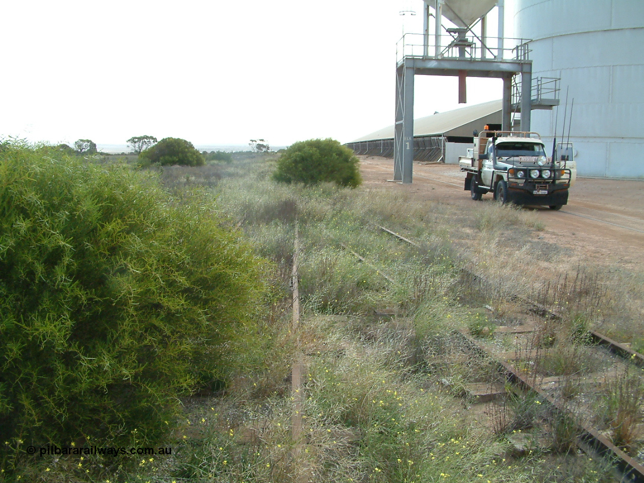 030414 154153
Penong, looking west, the crossover from the main to the grain loop is running left to right, Ascom silo loadout gantry with horizontal grain bunker behind it.
