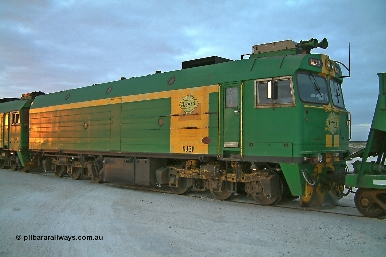 030415 065924
Kevin, NJ class Clyde Engineering EMD JL22C model unit NJ 3 serial 71-730, built in 1971 at Clyde's Granville NSW workshops, started out on the Central Australia Railway for the Commonwealth Railways before being transferred to the Eyre Peninsula system in 1981. Still in AN green but lettered for Australian Southern Railroad. At the [url=https://goo.gl/maps/fjUHW]Kevin loading point[/url].
Keywords: NJ-class;NJ3;Clyde-Engineering-Granville-NSW;EMD;JL22C;71-730;