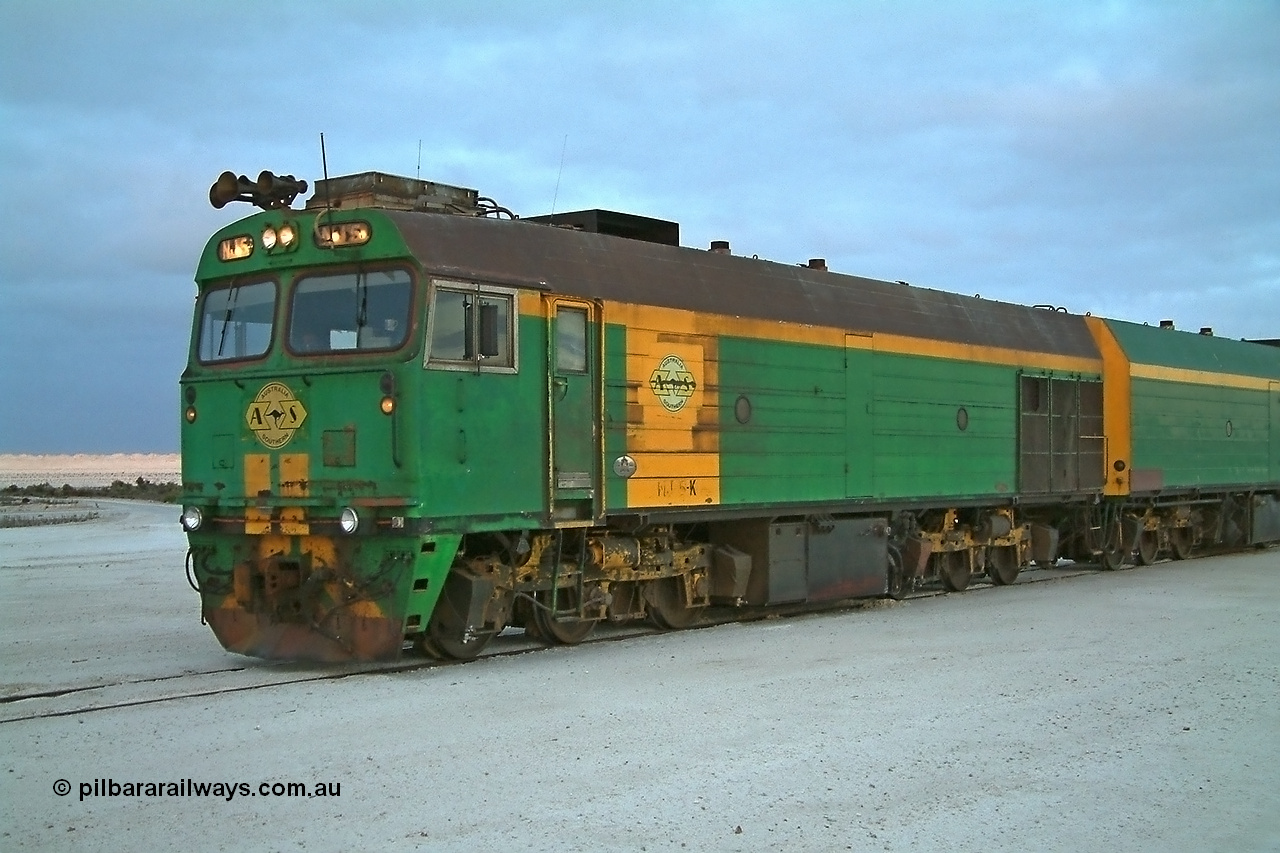 030415 070041
Kevin, NJ class Clyde Engineering EMD JL22C model unit serial 71-732, built in 1971 at Clyde's Granville NSW workshops, started out on the Central Australia Railway for the Commonwealth Railways before being transferred to the Eyre Peninsula system in 1981. Still in AN green but lettered for Australian Southern Railroad. At the [url=https://goo.gl/maps/fjUHW]Kevin loading point[/url].
Keywords: NJ-class;NJ5;71-732;Clyde-Engineering-Granville-NSW;EMD;JL22C;