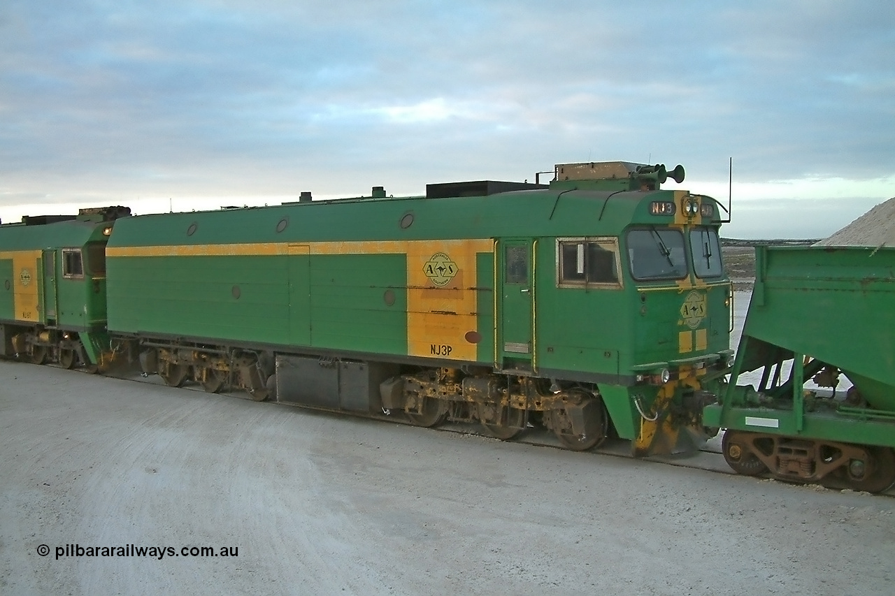 030415 071146
Kevin, NJ class Clyde Engineering EMD JL22C model unit NJ 3 serial 71-730, built in 1971 at Clyde's Granville NSW workshops, started out on the Central Australia Railway for the Commonwealth Railways before being transferred to the Eyre Peninsula system in 1981. Still in AN green but lettered for Australian Southern Railroad. At the [url=https://goo.gl/maps/fjUHW]Kevin loading point[/url].
Keywords: NJ-class;NJ3;Clyde-Engineering-Granville-NSW;EMD;JL22C;71-730;