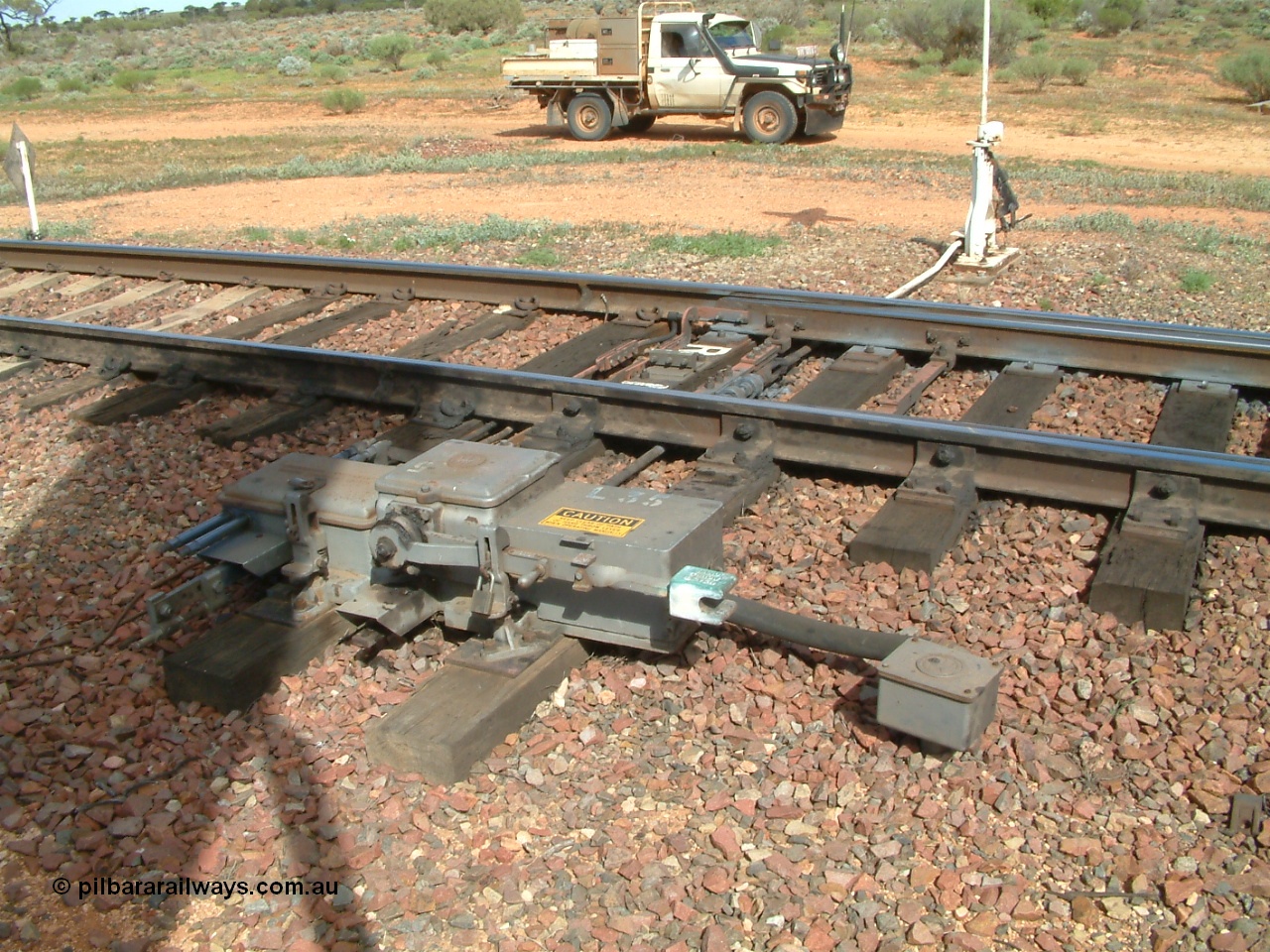 030415 135353
Kingoonya, located at the 426.5 km on the Trans Australian Railway, dual control point machine at eastern end of loop with manual lever and indicator opposite. [url=https://goo.gl/maps/7TMcikXj33EqWvyCA]GeoData location[/url].
