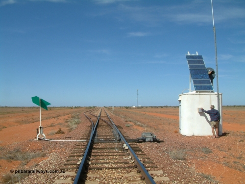 030416 110604
Manguri Siding, looking south from north end, located 706.5 km from the 0 datum at Coonamia and 200 km north of Tarcoola between Wirrida and Cadney Park on the Tarcoola - Alice Springs line and 40 km west of Coober Pedy. [url=https://goo.gl/maps/v9aGRUMpdFJBrqjCA]GeoData location[/url]. 1April 6, 2003.
