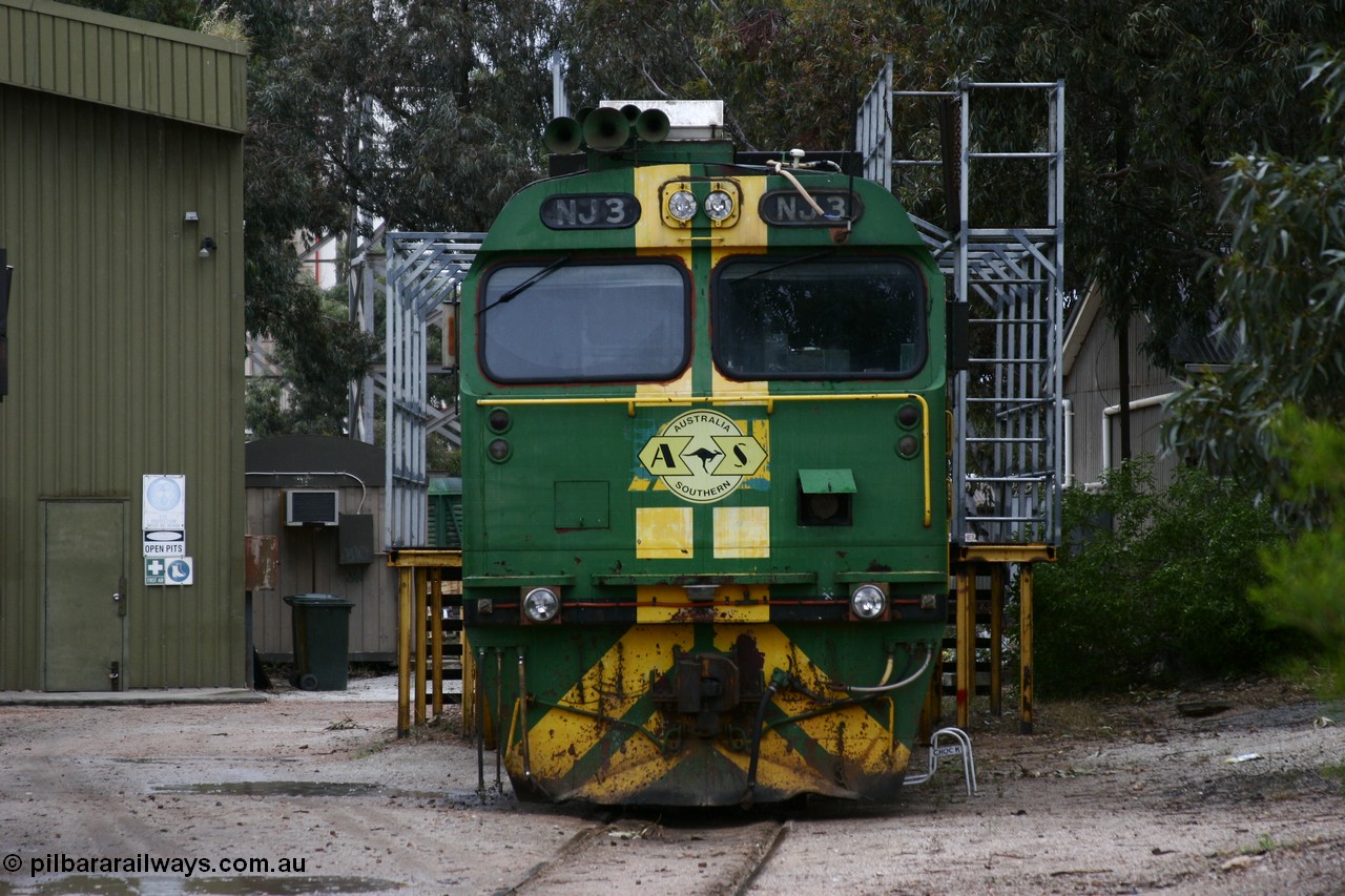 051102 6614
Thevenard Maintenance Centre has NJ class Clyde Engineering EMD JL22C model unit NJ 3 serial 71-730, built in 1971 at Clyde's Granville NSW workshops, started out on the Central Australia Railway for the Commonwealth Railways before being transferred to the Eyre Peninsula system in 1981. Still in AN green but lettered for Australian Southern Railroad.
Keywords: NJ-class;NJ3;71-730;Clyde-Engineering-Granville-NSW;EMD;JL22C;