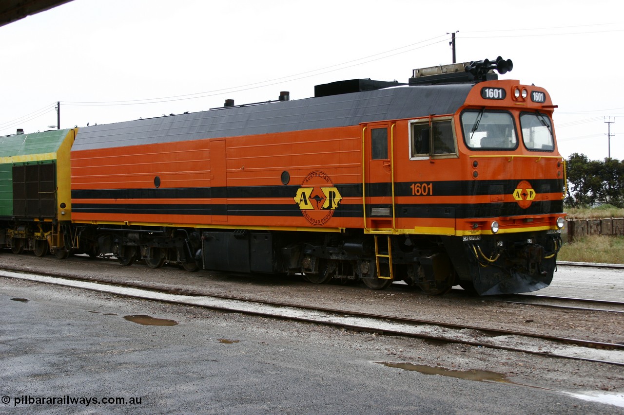 051102 6619
Thevenard, right hand side of Clyde Engineering EMD JL22C model unit and class leader 1601, originally NJ 1 'Ben Chifley' serial 71-728, built in 1971 at Clyde's Granville NSW workshops, started out on the Central Australia Railway for the Commonwealth Railways before being transferred to the Eyre Peninsula system in 1981, repainted and renumbered to 1601 in November 2004.
Keywords: 1600-class;1601;Clyde-Engineering-Granville-NSW;EMD;JL22C;71-728;NJ-class;NJ1;