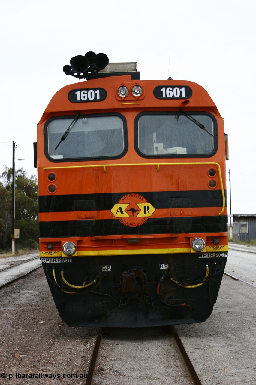 051102 6622
Thevenard, front view of Clyde Engineering EMD JL22C model unit and class leader 1601, originally NJ 1 'Ben Chifley' serial 71-728, built in 1971 at Clyde's Granville NSW workshops, started out on the Central Australia Railway for the Commonwealth Railways before being transferred to the Eyre Peninsula system in 1981, repainted and renumbered to 1601 in November 2004.
Keywords: 1600-class;1601;71-728;Clyde-Engineering-Granville-NSW;EMD;JL22C;NJ-class;NJ1;