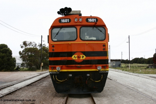 051102 6621
Thevenard, front view of Clyde Engineering EMD JL22C model unit and class leader 1601, originally NJ 1 'Ben Chifley' serial 71-728, built in 1971 at Clyde's Granville NSW workshops, started out on the Central Australia Railway for the Commonwealth Railways before being transferred to the Eyre Peninsula system in 1981, repainted and renumbered to 1601 in November 2004.
Keywords: 1600-class;1601;Clyde-Engineering-Granville-NSW;EMD;JL22C;71-728;NJ-class;NJ1;