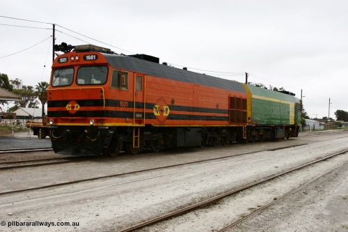 051102 6629
Thevenard, left hand side of Clyde Engineering EMD JL22C model unit and class leader 1601, originally NJ 1 'Ben Chifley' serial 71-728, built in 1971 at Clyde's Granville NSW workshops, started out on the Central Australia Railway for the Commonwealth Railways before being transferred to the Eyre Peninsula system in 1981, repainted and renumbered to 1601 in November 2004 coupled to NJ 6 in Australian National green and yellow.
Keywords: 1600-class;1601;Clyde-Engineering-Granville-NSW;EMD;JL22C;71-728;NJ-class;NJ1;