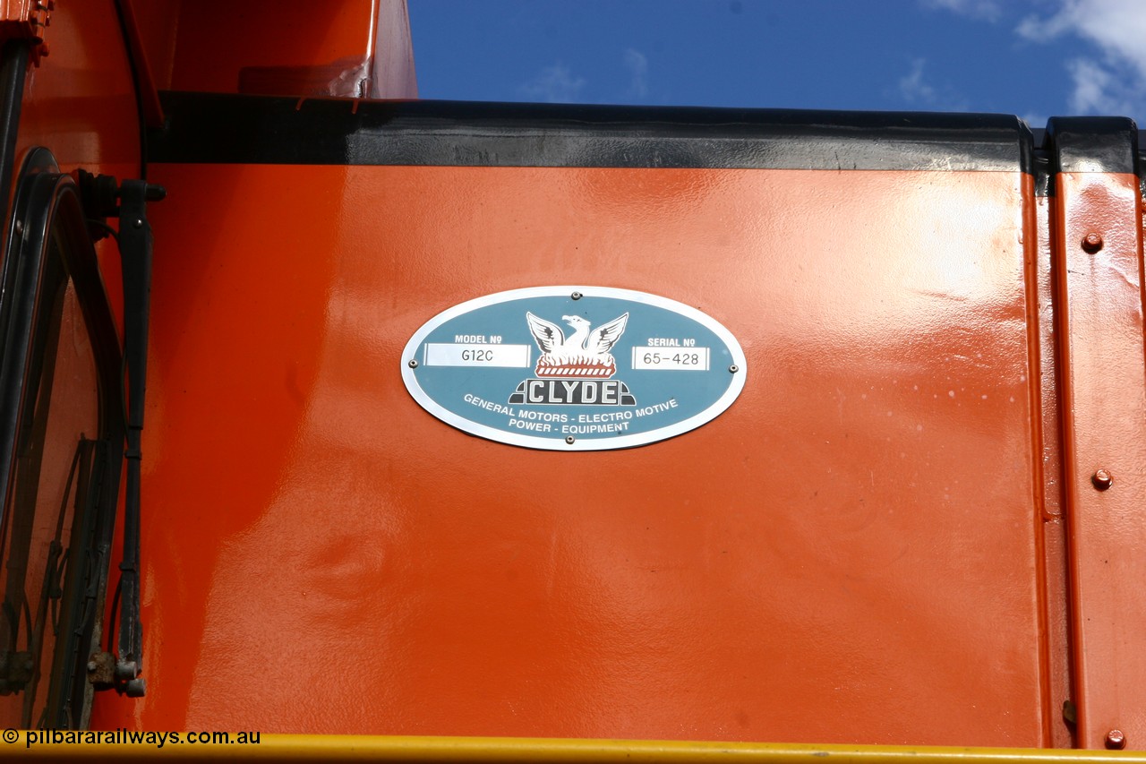 060108 2057
Lock, builders plate of ARG 1200 class unit 1204, a Clyde Engineering EMD model G12C serial 65-428, final of fourteen originally built between 1960-65 for WAGR as their A class A 1514, fitted with dynamic brakes and financed by Western Mining Corporation, started on the Eyre Peninsula in August 2004.
Keywords: 1200-class;1204;Clyde-Engineering-Granville-NSW;EMD;G12C;65-428;A-class;A1514;