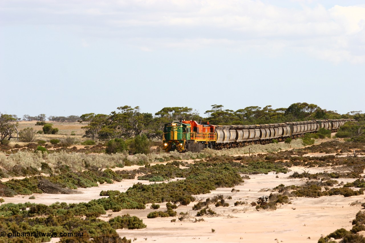 060109 2090
Kyancutta at the 198 km, ASR 830 class unit 842, an AE Goodwin built ALCo DL531 model loco serial 84140 leads EMD unit 1204 due to air-conditioning trouble and sister ALCo 851 across a dry salt soak with a north bound empty grain train. 9th January 2006.
Keywords: 830-class;842;84140;AE-Goodwin;ALCo;DL531;