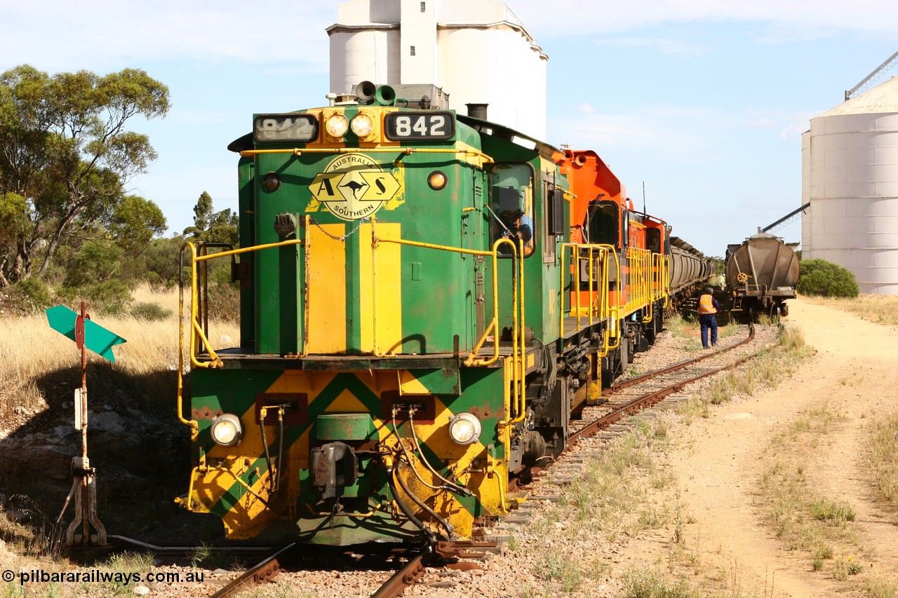 060109 2133
Kyancutta, ASR 830 class unit 842, an AE Goodwin built ALCo DL531 model loco serial 84140 leads EMD unit 1204 due to air-conditioning trouble and sister ALCo 851 as they re-join the train on the mainline. 9th January 2006.
Keywords: 830-class;842;AE-Goodwin;ALCo;DL531;84140;