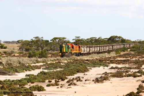 060109 2089
Kyancutta at the 198 km, ASR 830 class unit 842, an AE Goodwin built ALCo DL531 model loco serial 84140 leads EMD unit 1204 due to air-conditioning trouble and sister ALCo 851 across a dry salt soak with a north bound empty grain train. January 9, 2006.
Keywords: 830-class;842;AE-Goodwin;ALCo;DL531;84140;