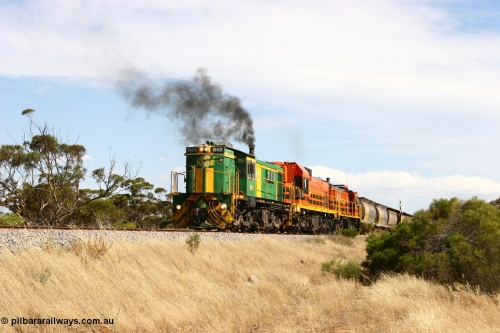 060109 2106
Kyancutta, Kyancutta Tanks Rd grade crossing, ASR 830 class unit 842, an AE Goodwin built ALCo DL531 model loco serial 84140 leads EMD unit 1204 due to air-conditioning trouble and sister ALCo 851 lift the empty north bound grain train away from crew change. January 9, 2006.
Keywords: 830-class;842;AE-Goodwin;ALCo;DL531;84140;