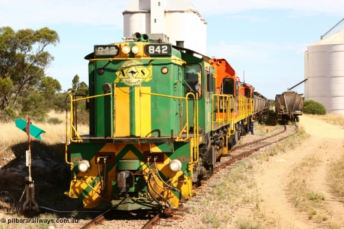 060109 2132
Kyancutta, ASR 830 class unit 842, an AE Goodwin built ALCo DL531 model loco serial 84140 leads EMD unit 1204 due to air-conditioning trouble and sister ALCo 851 as they re-join the train on the mainline. January 9, 2006.
Keywords: 830-class;842;AE-Goodwin;ALCo;DL531;84140;