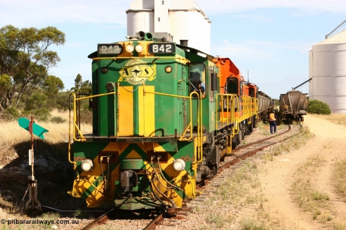 060109 2133
Kyancutta, ASR 830 class unit 842, an AE Goodwin built ALCo DL531 model loco serial 84140 leads EMD unit 1204 due to air-conditioning trouble and sister ALCo 851 as they re-join the train on the mainline. January 9, 2006.
Keywords: 830-class;842;AE-Goodwin;ALCo;DL531;84140;