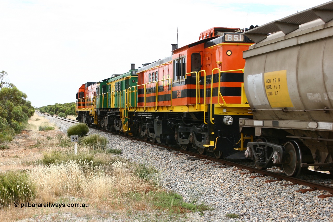 060110 2155
Pillana, former station site, 59 km, empty grain train behind ARG 1200 class unit 1204, a Clyde Engineering EMD model G12C serial 65-428, originally built for the WAGR as the final unit of fourteen A class locomotives in 1965 then sent to the Eyre Peninsula in July 2004, and two 830 class AE Goodwin built ALCo model DL531 units 842 serial 84140 ex SAR broad gauge to Eyre Peninsula in October 1987, and 851 serial 84137 new to Eyre Peninsula in 1962. [url=https://goo.gl/maps/BcnmpGwGqtw]Approx. location of photo[/url].
Keywords: 1200-class;1204;Clyde-Engineering-Granville-NSW;EMD;G12C;65-428;A-class;A1514;830-class;842;851;AE-Goodwin;ALCo;DL531;84137;84140;