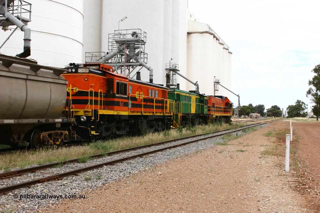 060110 2168
Cummins, trailing view of empty grain train running down the yard along the Penong mainline behind ARG 1200 class unit 1204, a Clyde Engineering EMD model G12C serial 65-428, originally built for the WAGR as the final unit of fourteen A class locomotives in 1965 and sent to the Eyre Peninsula in July 2004 and two 830 class AE Goodwin built ALCo model DL531 units 842 serial 84140 ex SAR broad gauge to Eyre Peninsula in October 1987, and 851 serial 84137 new to Eyre Peninsula in 1962. [url=https://goo.gl/maps/q5aVqSmjCP62]Approx. location of image[/url].
Keywords: 1200-class;1204;Clyde-Engineering-Granville-NSW;EMD;G12C;65-428;A-class;A1514;830-class;842;851;AE-Goodwin;ALCo;DL531;84137;84140;