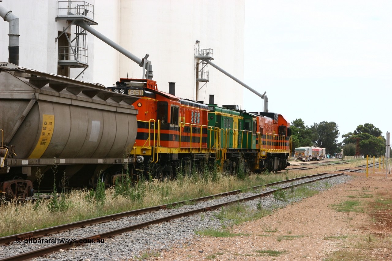 060110 2170
Cummins, trailing view of empty grain train running down the yard along the Penong mainline behind ARG 1200 class unit 1204, a Clyde Engineering EMD model G12C serial 65-428, originally built for the WAGR as the final unit of fourteen A class locomotives in 1965 and sent to the Eyre Peninsula in July 2004 and two 830 class AE Goodwin built ALCo model DL531 units 842 serial 84140 ex SAR broad gauge to Eyre Peninsula in October 1987, and 851 serial 84137 new to Eyre Peninsula in 1962. [url=https://goo.gl/maps/q5aVqSmjCP62]Approx. location of image[/url].
Keywords: 1200-class;1204;Clyde-Engineering-Granville-NSW;EMD;G12C;65-428;A-class;A1514;830-class;842;851;AE-Goodwin;ALCo;DL531;84137;84140;