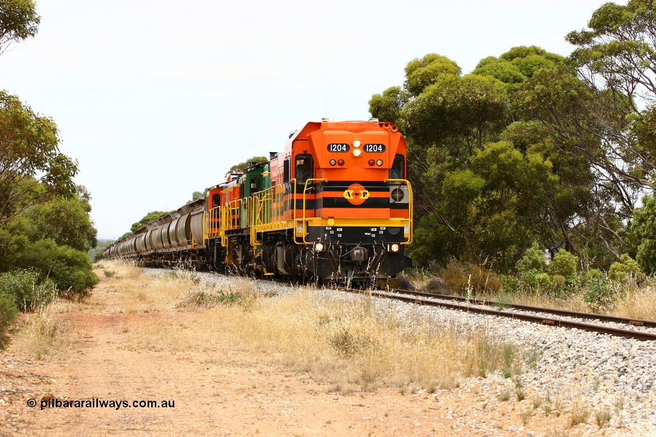 060110 2183
Near the 78 km, empty grain train with ARG 1200 class unit 1204, a Clyde Engineering EMD model G12C serial 65-428, originally built for the WAGR as the final unit of fourteen A class locomotives in 1965 and sent to the Eyre Peninsula in July 2004 and two 830 class AE Goodwin built ALCo model DL531 units 842 serial 84140 ex SAR broad gauge to Eyre Peninsula in October 1987, and 851 serial 84137 new to Eyre Peninsula in 1962. [url=https://goo.gl/maps/bAmc6CyEwC42]Approx. location of image[/url].
Keywords: 1200-class;1204;Clyde-Engineering-Granville-NSW;EMD;G12C;65-428;A-class;A1514;830-class;842;851;AE-Goodwin;ALCo;DL531;84137;84140;