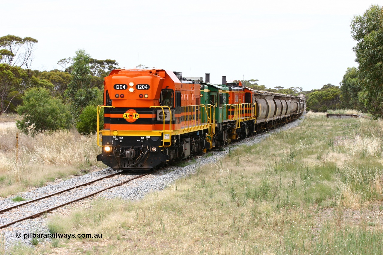 060110 2231
Karkoo, empty grain train behind ARG 1200 class unit 1204, a Clyde Engineering EMD model G12C serial 65-428, originally built for the WAGR as the final unit of fourteen A class locomotives in 1965 and sent to the Eyre Peninsula in July 2004 and two 830 class AE Goodwin built ALCo model DL531 units 842 serial 84140 ex SAR broad gauge and to Eyre Peninsula in October 1987, and 851 serial 84137 new to Eyre Peninsula in 1962. [url=https://goo.gl/maps/syz89ziXmoL2]Approx. location of image[/url].
Keywords: 1200-class;1204;Clyde-Engineering-Granville-NSW;EMD;G12C;65-428;A-class;A1514;830-class;842;851;AE-Goodwin;ALCo;DL531;84137;84140;