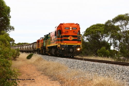 060110 2157
Near the 64 km between Pillana and Cummins, empty grain train behind ARG 1200 class unit 1204, a Clyde Engineering EMD model G12C serial 65-428, originally built for the WAGR as the final unit of fourteen A class locomotives in 1965 then sent to the Eyre Peninsula in July 2004, and two 830 class AE Goodwin built ALCo model DL531 units 842 serial 84140 ex SAR broad gauge to Eyre Peninsula in October 1987, and 851 serial 84137 new to Eyre Peninsula in 1962. [url=https://goo.gl/maps/NECDZnDkLfv]Approx. location of photo[/url].
Keywords: 1200-class;1204;Clyde-Engineering-Granville-NSW;EMD;G12C;65-428;A-class;A1514;830-class;842;851;AE-Goodwin;ALCo;DL531;84137;84140;