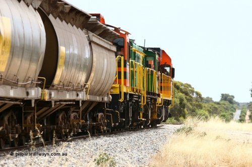 060110 2186
Near the 78 km, empty grain train with ARG 1200 class unit 1204, a Clyde Engineering EMD model G12C serial 65-428, originally built for the WAGR as the final unit of fourteen A class locomotives in 1965 and sent to the Eyre Peninsula in July 2004 and two 830 class AE Goodwin built ALCo model DL531 units 842 serial 84140 ex SAR broad gauge to Eyre Peninsula in October 1987, and 851 serial 84137 new to Eyre Peninsula in 1962. [url=https://goo.gl/maps/bAmc6CyEwC42]Approx. location of image[/url].
Keywords: 1200-class;1204;Clyde-Engineering-Granville-NSW;EMD;G12C;65-428;A-class;A1514;830-class;842;851;AE-Goodwin;ALCo;DL531;84137;84140;