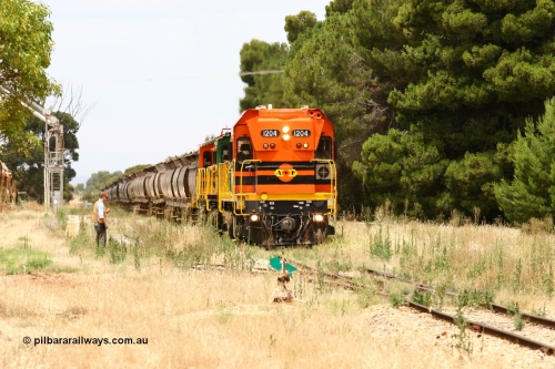 060110 2189
Yeelanna, the second person watches ARG 1200 class unit 1204, a Clyde Engineering EMD model G12C serial 65-428, originally built for the WAGR as the final unit of fourteen A class locomotives in 1965 and sent to the Eyre Peninsula in July 2004 as it shunts forward to cut out the empty cars for the siding. [url=https://goo.gl/maps/1JetzWBTGAw]Approx. location of image[/url].
Keywords: 1200-class;1204;Clyde-Engineering-Granville-NSW;EMD;G12C;65-428;A-class;A1514;