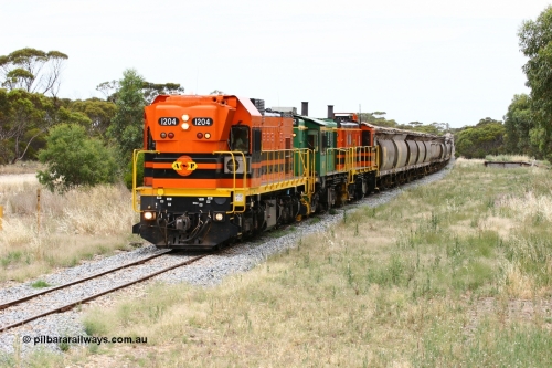 060110 2232
Karkoo, empty grain train behind ARG 1200 class unit 1204, a Clyde Engineering EMD model G12C serial 65-428, originally built for the WAGR as the final unit of fourteen A class locomotives in 1965 and sent to the Eyre Peninsula in July 2004 and two 830 class AE Goodwin built ALCo model DL531 units 842 serial 84140 ex SAR broad gauge and to Eyre Peninsula in October 1987, and 851 serial 84137 new to Eyre Peninsula in 1962. [url=https://goo.gl/maps/syz89ziXmoL2]Approx. location of image[/url].
Keywords: 1200-class;1204;Clyde-Engineering-Granville-NSW;EMD;G12C;65-428;A-class;A1514;830-class;842;851;AE-Goodwin;ALCo;DL531;84137;84140;