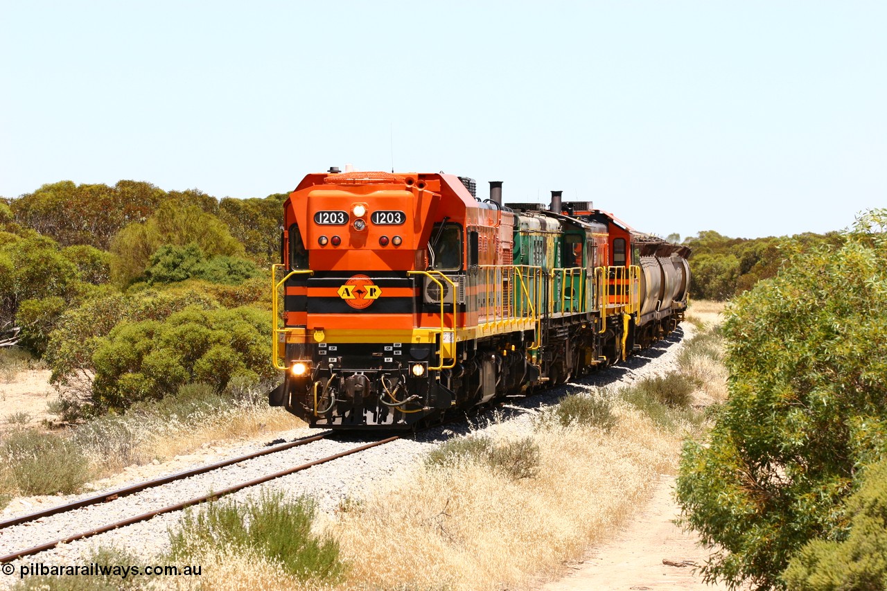 060111 2247
Tooligie, Mac's Road grade crossing at the 110 km, ARG 1200 class unit 1203, a Clyde Engineering EMD model G12C serial 65-427, one of fourteen originally built between 1960-65 for WAGR as their A class A 1513, fitted with dynamic brakes and financed by Western Mining Corporation, started working on the Eyre Peninsula in November 2004 leads an empty grain train north. 11th January 2006.
Keywords: 1200-class;1203;Clyde-Engineering-Granville-NSW;EMD;G12C;65-427;A-class;A1513;