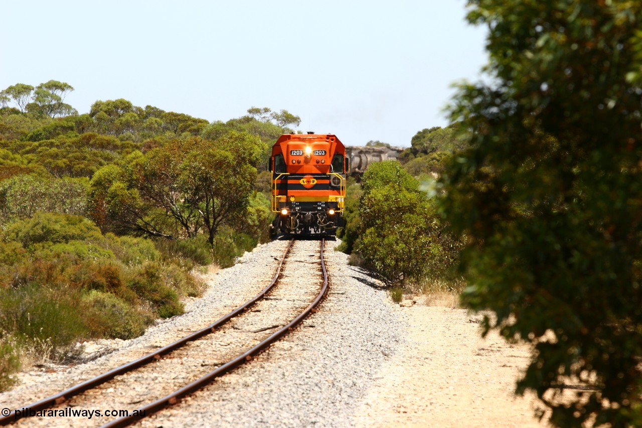 060111 2265
Tooligie, empty grain train running north behind ARG 1200 class unit 1203, a Clyde Engineering EMD model G12C serial 65-427, one of fourteen originally built between 1960-65 for WAGR as their A class A 1513, fitted with dynamic brakes and financed by Western Mining Corporation, started working on the Eyre Peninsula in November 2004. 11th January 2006.
Keywords: 1200-class;1203;Clyde-Engineering-Granville-NSW;EMD;G12C;65-427;A-class;A1513;