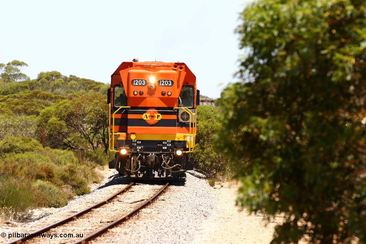 060111 2266
Tooligie, empty grain train running north behind ARG 1200 class unit 1203, a Clyde Engineering EMD model G12C serial 65-427, one of fourteen originally built between 1960-65 for WAGR as their A class A 1513, fitted with dynamic brakes and financed by Western Mining Corporation, started working on the Eyre Peninsula in November 2004. 11th January 2006.
Keywords: 1200-class;1203;Clyde-Engineering-Granville-NSW;EMD;G12C;65-427;A-class;A1513;